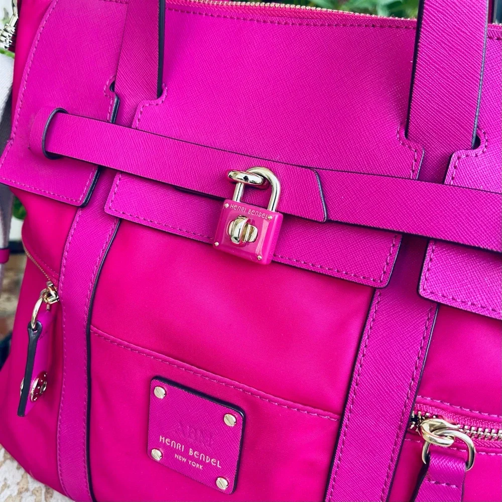 RARE Magenta Pink HENRI BENDEL Large Jetsetter Leather Convertible Backpack Bag - Picture 4 of 16